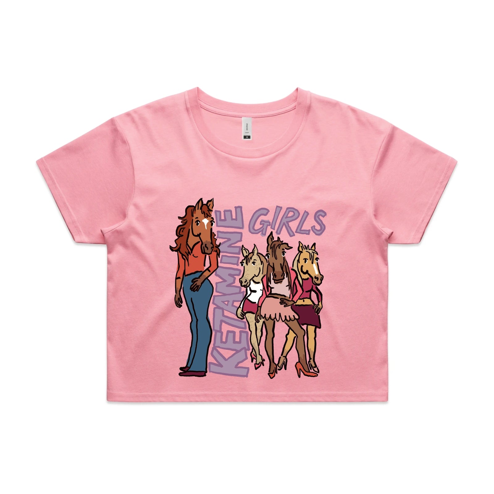 Bubblegum crop top with Ketamine Girls graphic by Lonely Kids Club