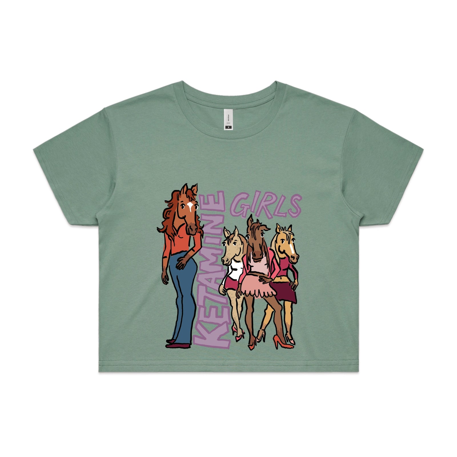 Sage crop top with Ketamine Girls graphic by Lonely Kids Club