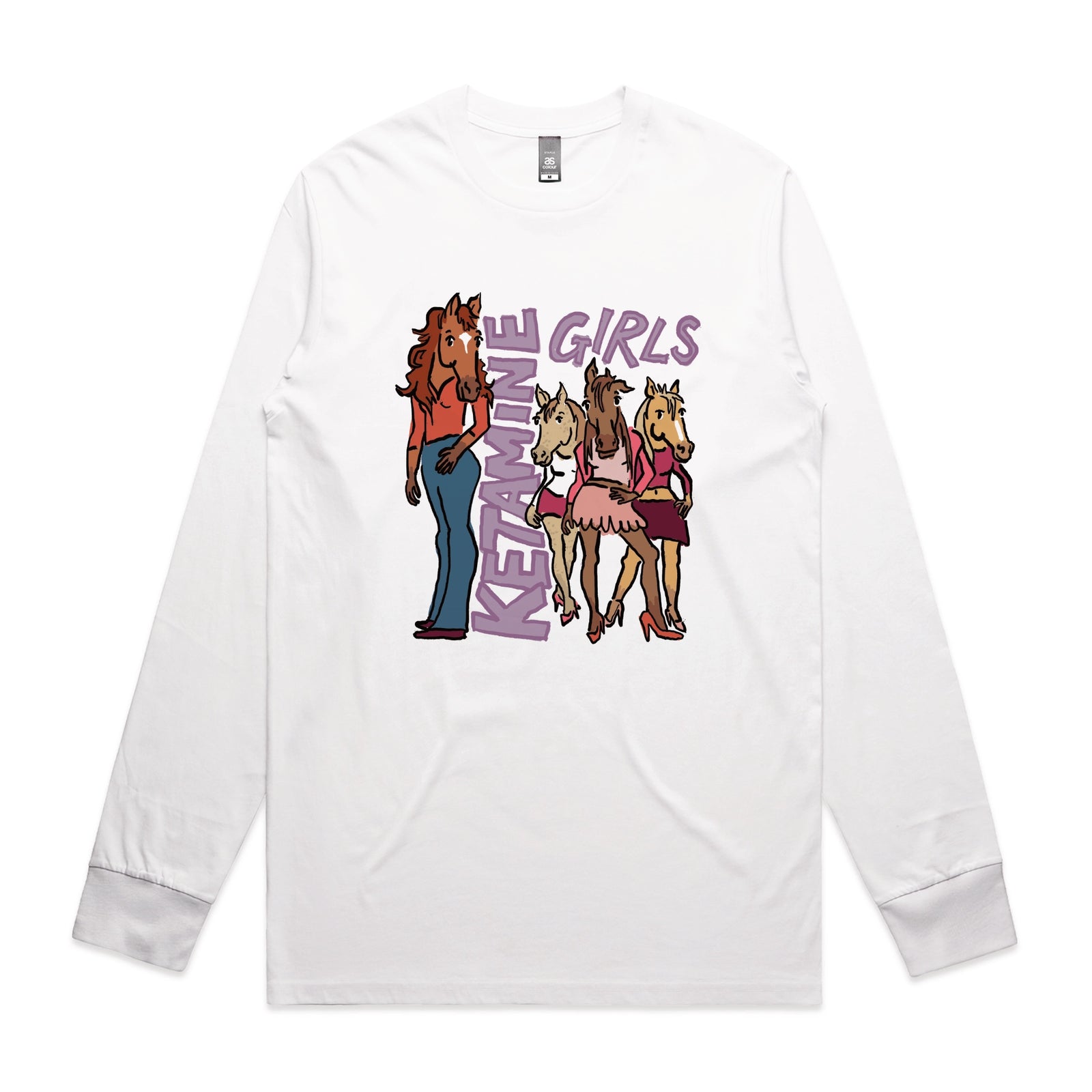 White long sleeve t-shirt with Ketamine Girls graphic by Lonely Kids Club