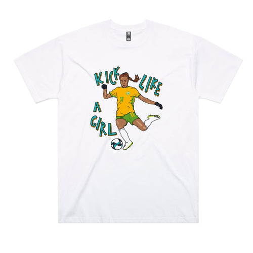 Kick Like A Girl Tee by Lonely Kids Club. All clothing from our T-shirts to our shorts and hoodies are ethically made, and printed packed and shipped from Sydney.