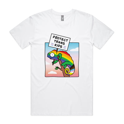 Protect Trans Kids Tee by Lonely Kids Club. All clothing from our T-shirts to our shorts and hoodies are ethically made, and printed packed and shipped from Sydney.