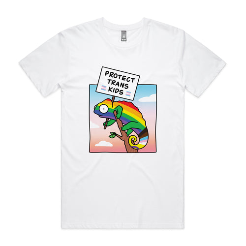 Protect Trans Kids Tee by Lonely Kids Club. All clothing from our T-shirts to our shorts and hoodies are ethically made, and printed packed and shipped from Sydney.