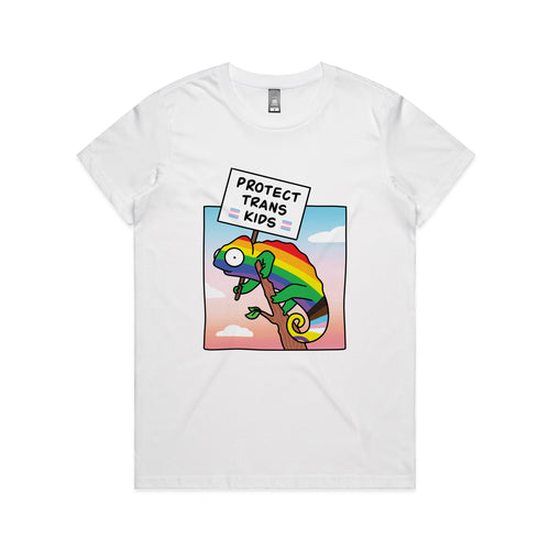 Protect Trans Kids Tee by Lonely Kids Club. All clothing from our T-shirts to our shorts and hoodies are ethically made, and printed packed and shipped from Sydney.