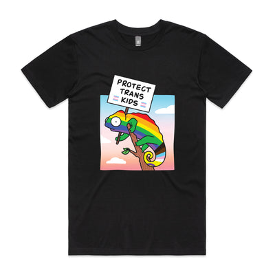 Protect Trans Kids Tee by Lonely Kids Club. All clothing from our T-shirts to our shorts and hoodies are ethically made, and printed packed and shipped from Sydney.