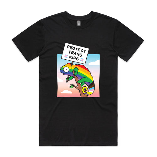 Protect Trans Kids Tee by Lonely Kids Club. All clothing from our T-shirts to our shorts and hoodies are ethically made, and printed packed and shipped from Sydney.