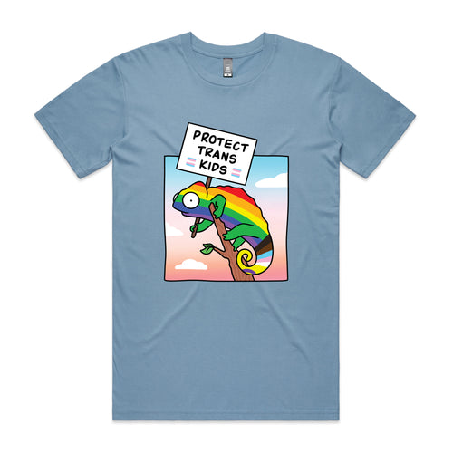 Protect Trans Kids Tee by Lonely Kids Club. All clothing from our T-shirts to our shorts and hoodies are ethically made, and printed packed and shipped from Sydney.