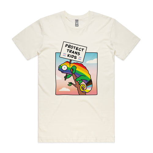 Protect Trans Kids Tee by Lonely Kids Club. All clothing from our T-shirts to our shorts and hoodies are ethically made, and printed packed and shipped from Sydney.