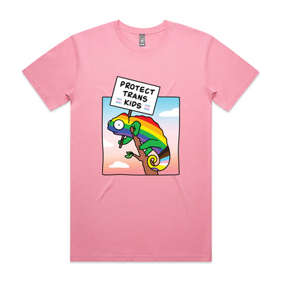 Protect Trans Kids Tee by Lonely Kids Club. All clothing from our T-shirts to our shorts and hoodies are ethically made, and printed packed and shipped from Sydney.