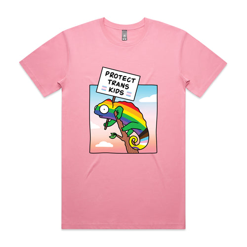 Protect Trans Kids Tee by Lonely Kids Club. All clothing from our T-shirts to our shorts and hoodies are ethically made, and printed packed and shipped from Sydney.