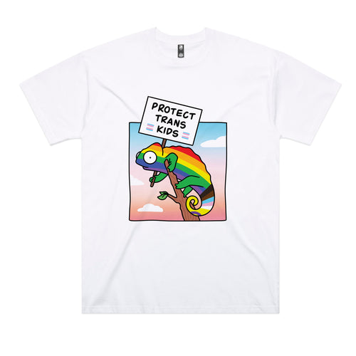 Protect Trans Kids Tee by Lonely Kids Club. All clothing from our T-shirts to our shorts and hoodies are ethically made, and printed packed and shipped from Sydney.