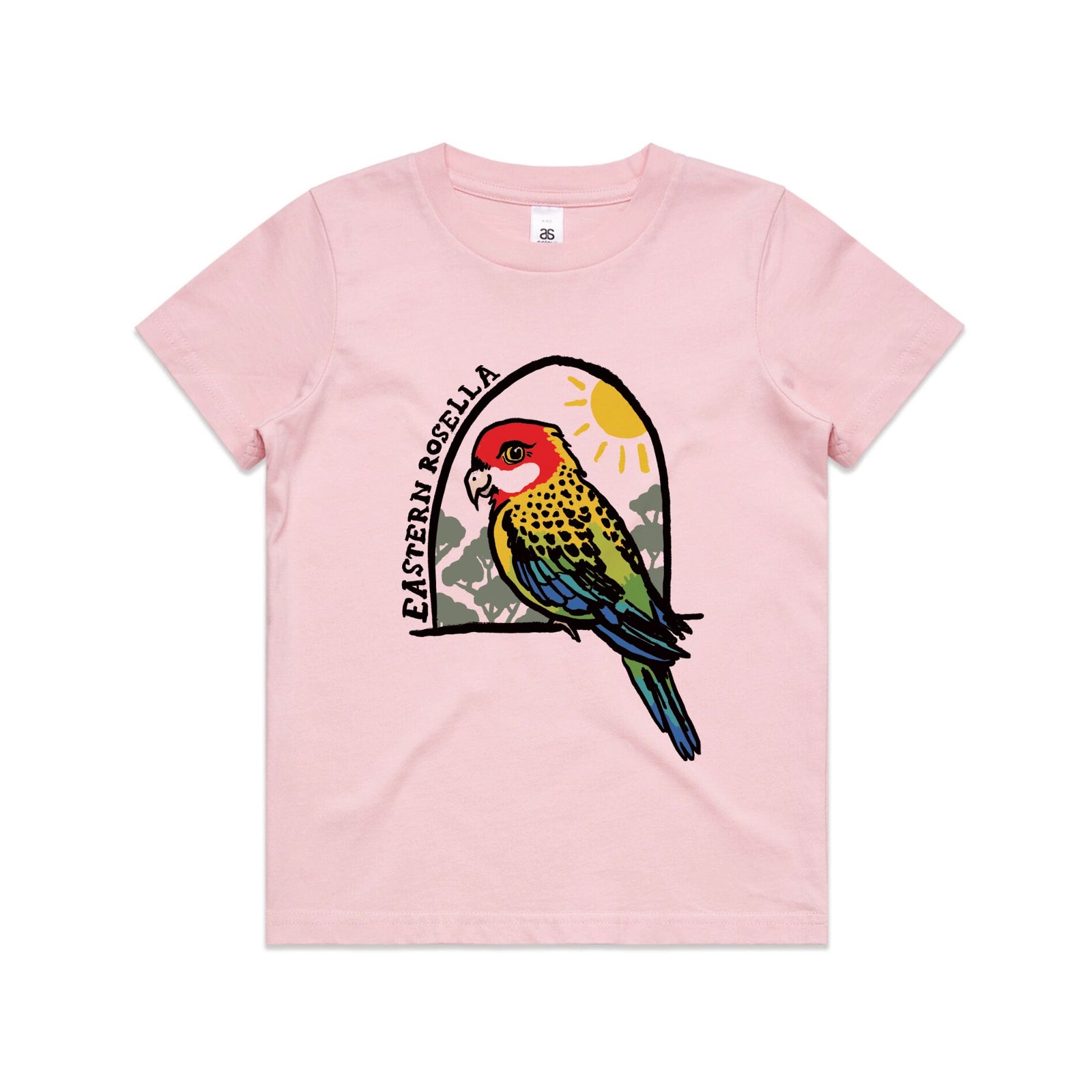 Pink kids t-shirt with Eastern Rosella Kids graphic by Lonely Kids Club