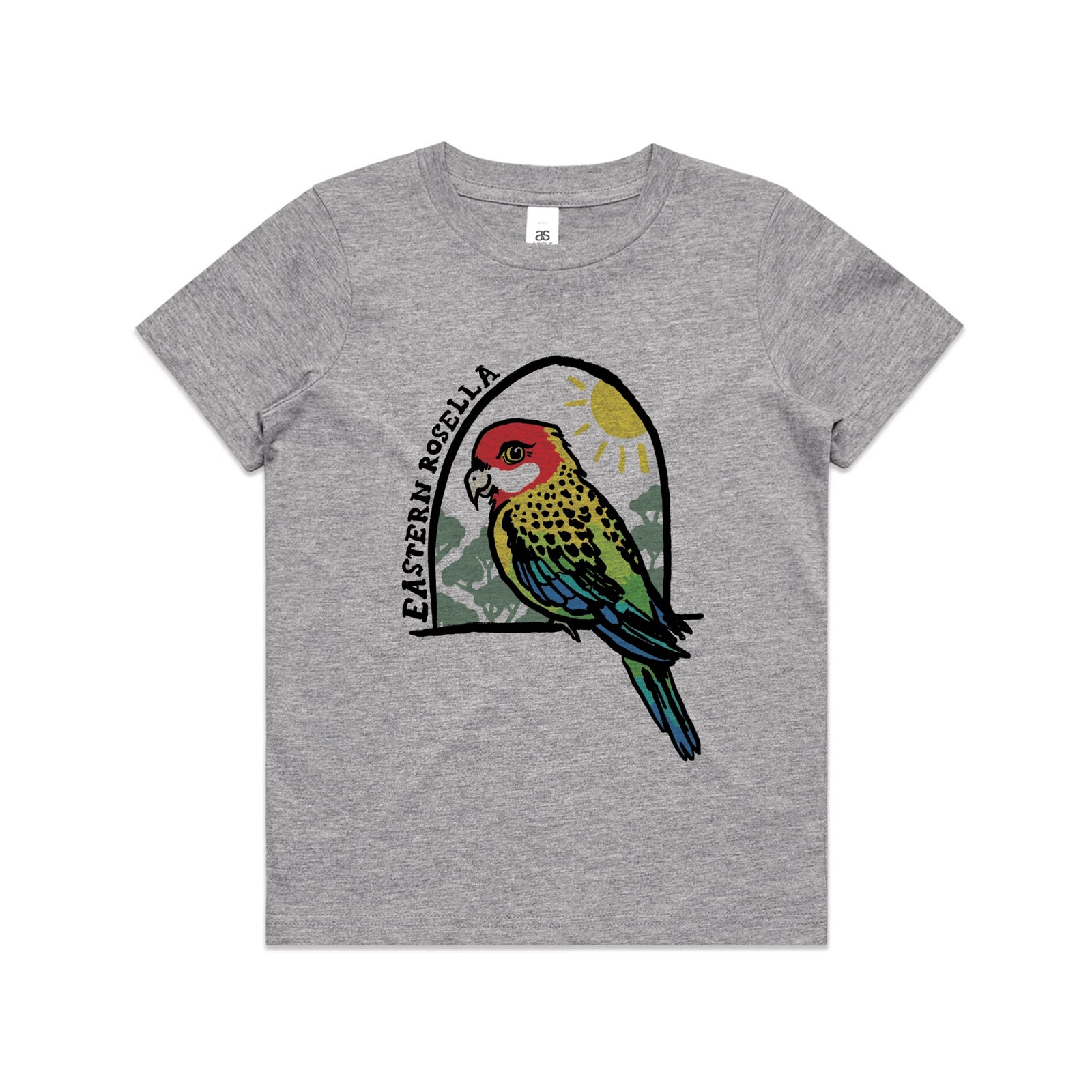 Grey Marle kids t-shirt with Eastern Rosella Kids graphic by Lonely Kids Club
