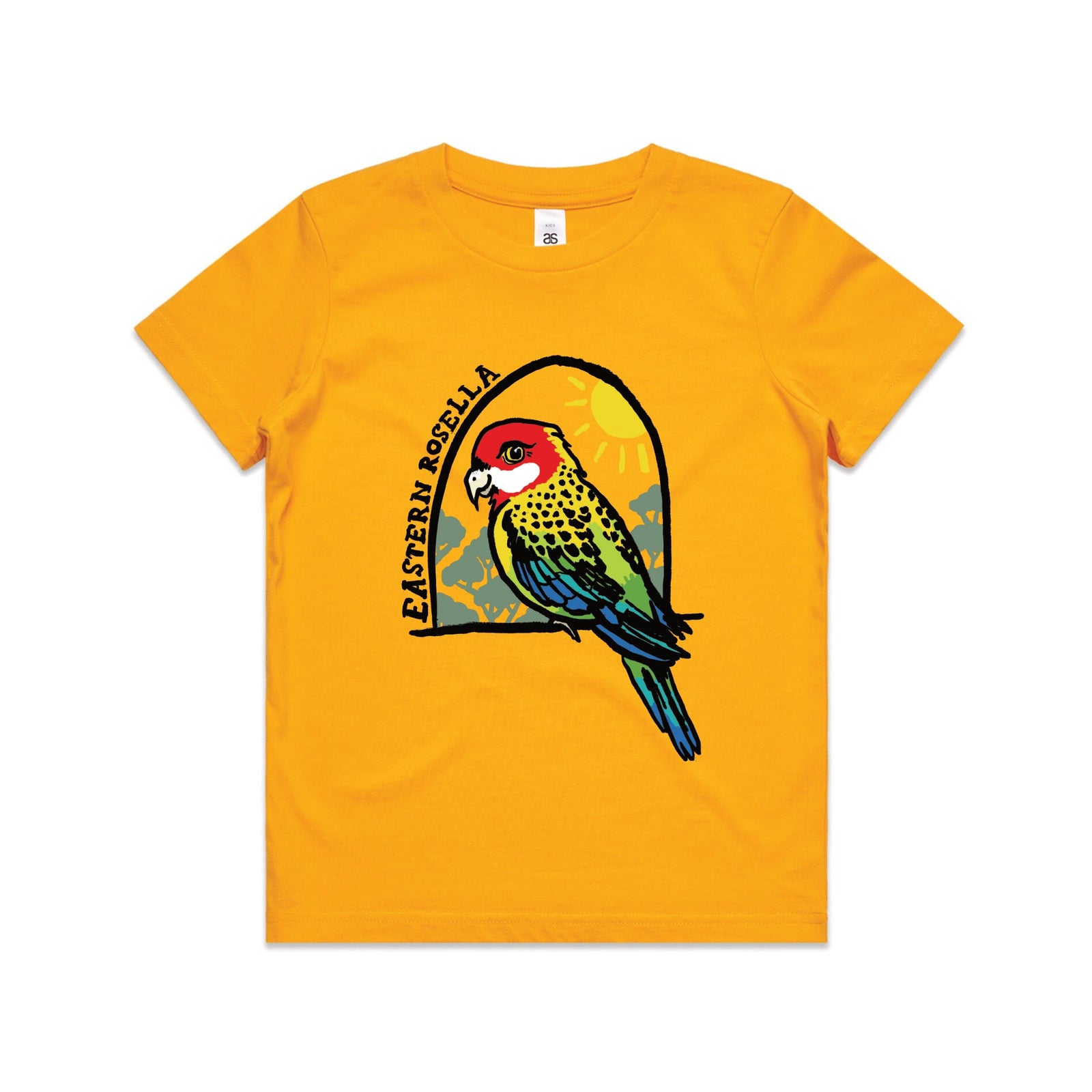 Gold kids t-shirt with Eastern Rosella Kids graphic by Lonely Kids Club