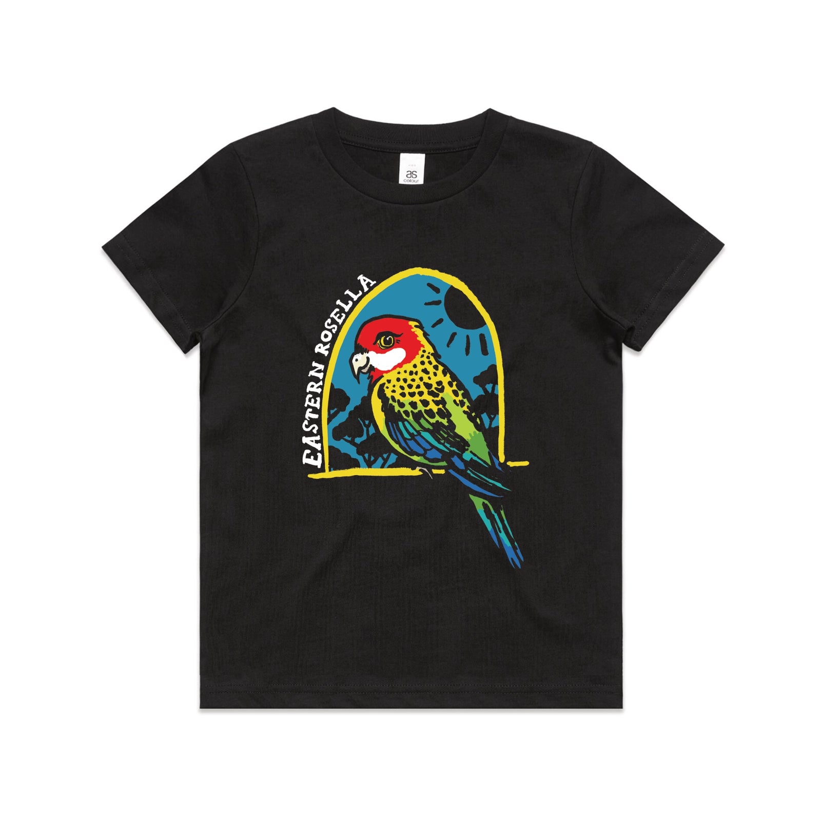 Black kids t-shirt with Eastern Rosella Kids graphic by Lonely Kids Club
