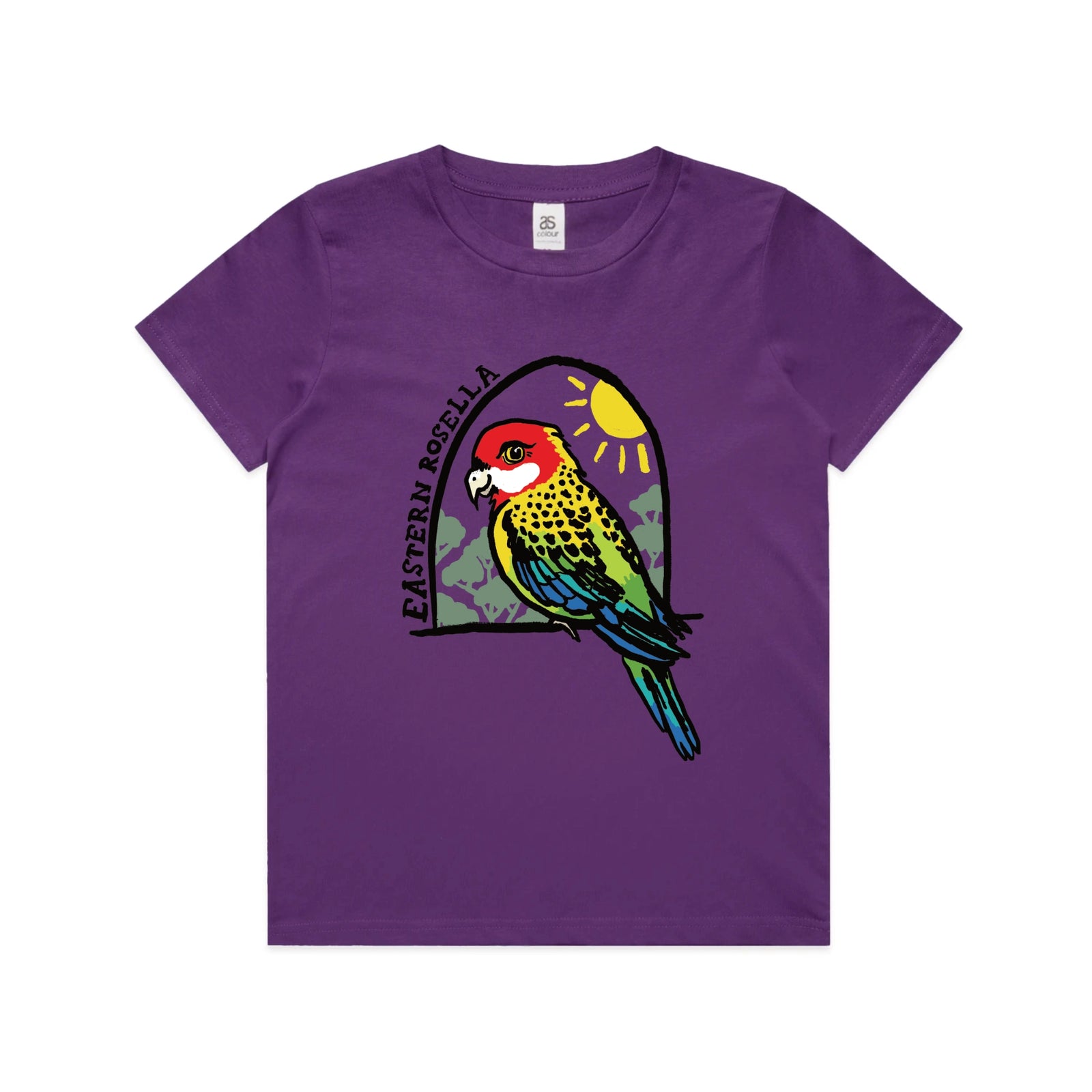 Purple kids t-shirt with Eastern Rosella Kids graphic by Lonely Kids Club