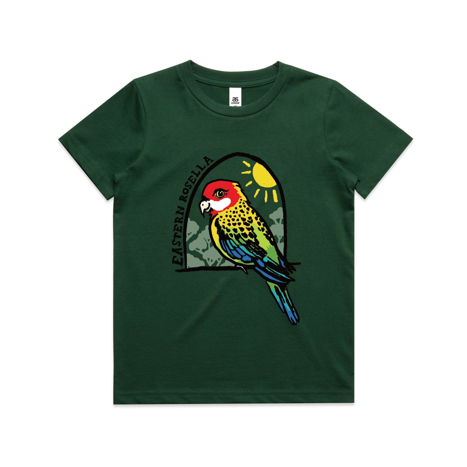 Forest Green kids t-shirt with Eastern Rosella Kids graphic by Lonely Kids Club