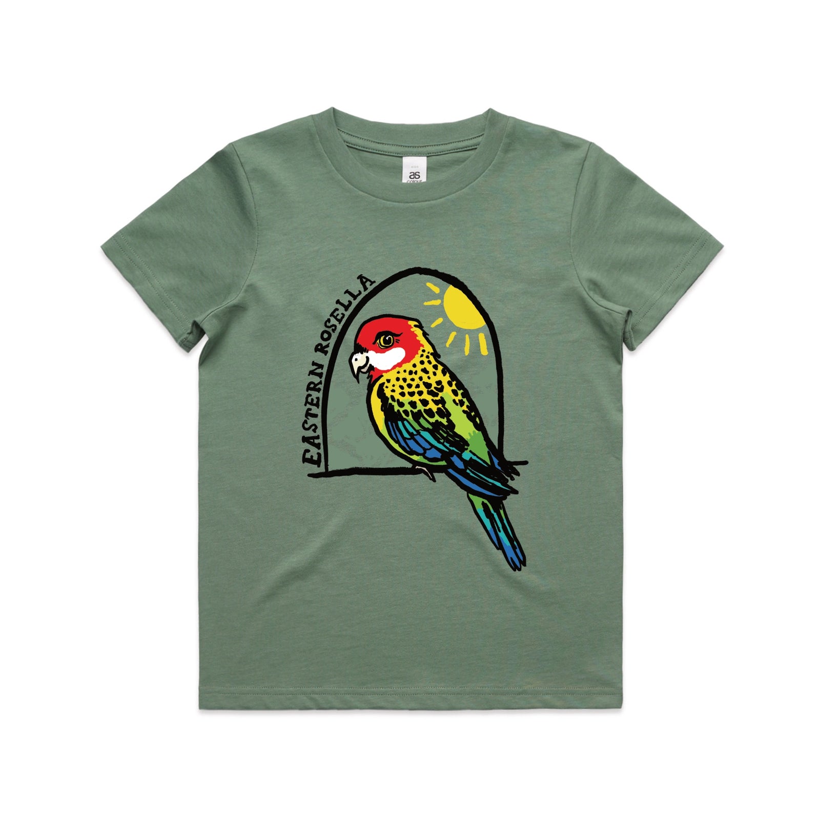 Sage kids t-shirt with Eastern Rosella Kids graphic by Lonely Kids Club
