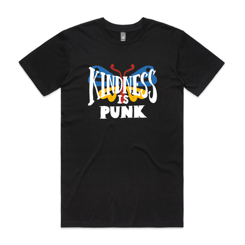 Kindness Is Punk Tee by Lonely Kids Club. All clothing from our T-shirts to our shorts and hoodies are ethically made, and printed packed and shipped from Sydney.