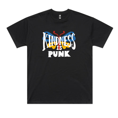 Kindness Is Punk Tee by Lonely Kids Club. All clothing from our T-shirts to our shorts and hoodies are ethically made, and printed packed and shipped from Sydney.