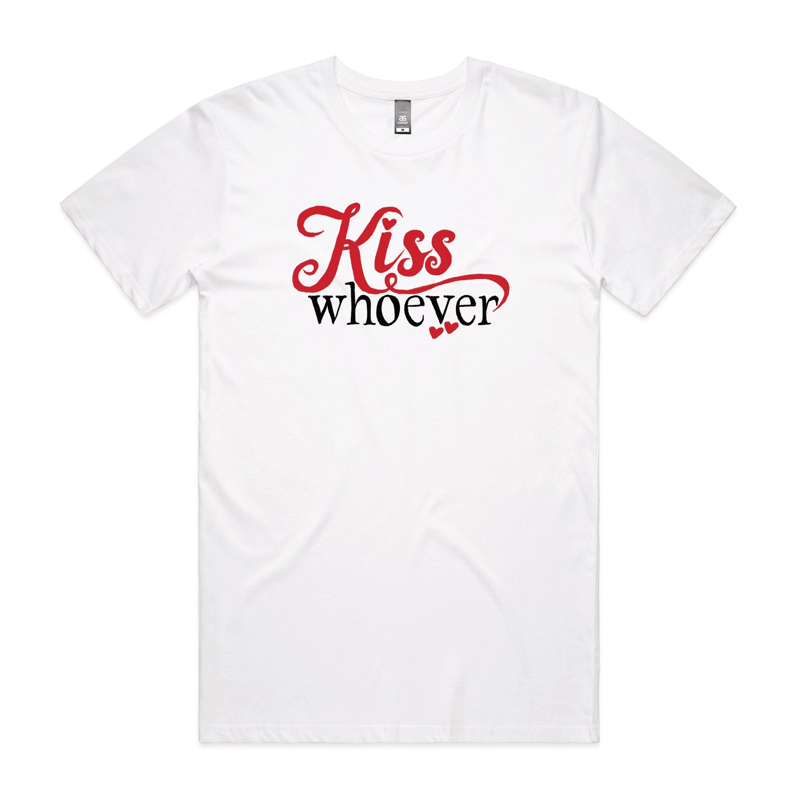 White unisex t-shirt with Kiss Whoever graphic by Lonely Kids Club
