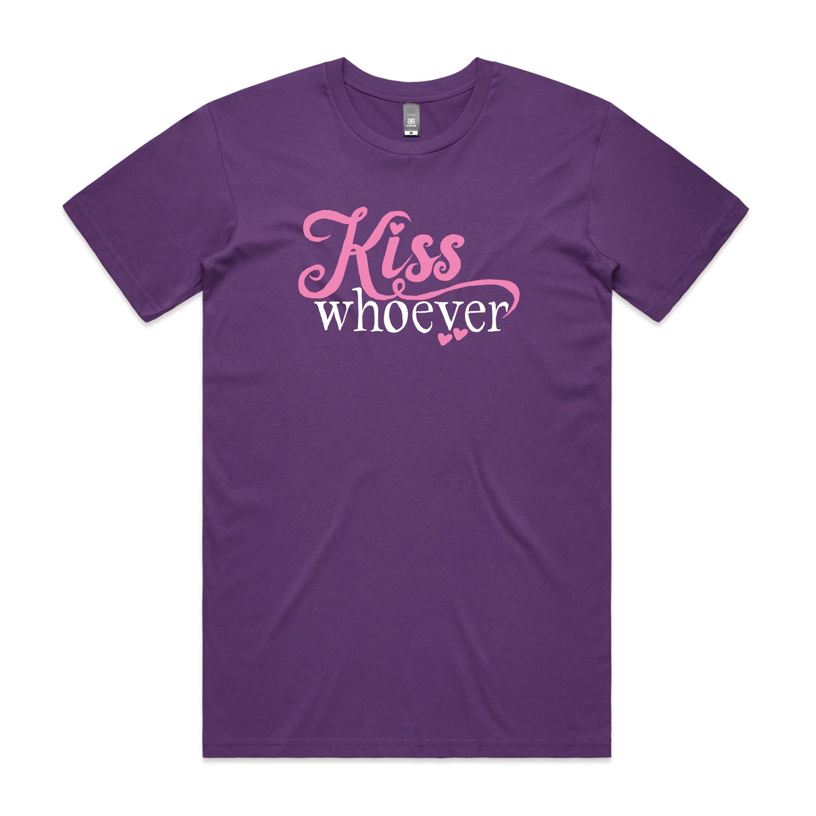 Purple unisex t-shirt with Kiss Whoever graphic by Lonely Kids Club