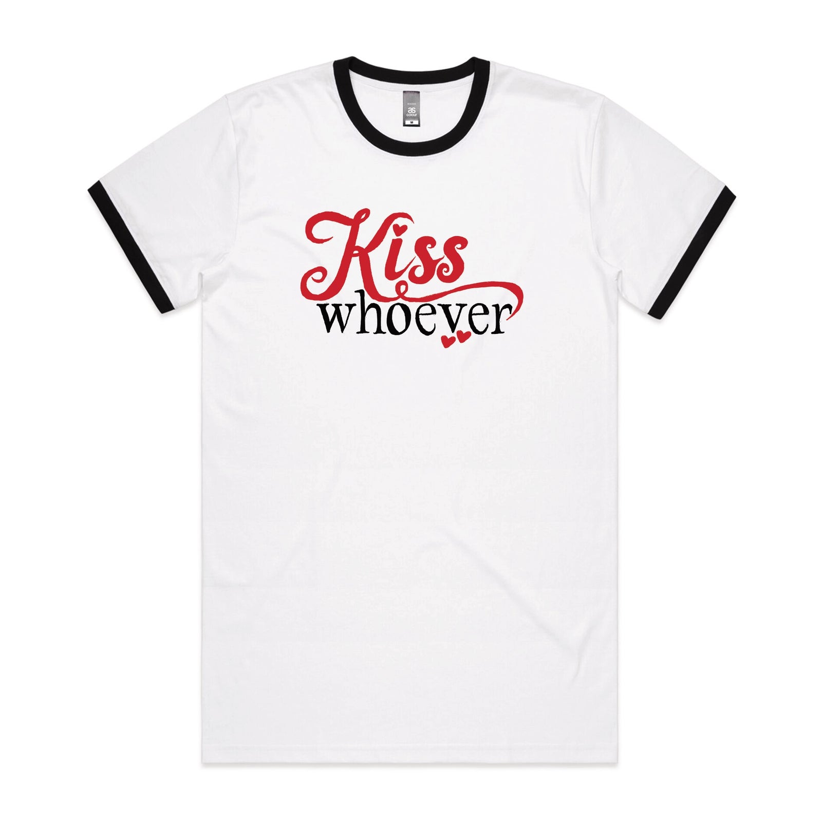 Black/White Ringer unisex t-shirt with Kiss Whoever graphic by Lonely Kids Club
