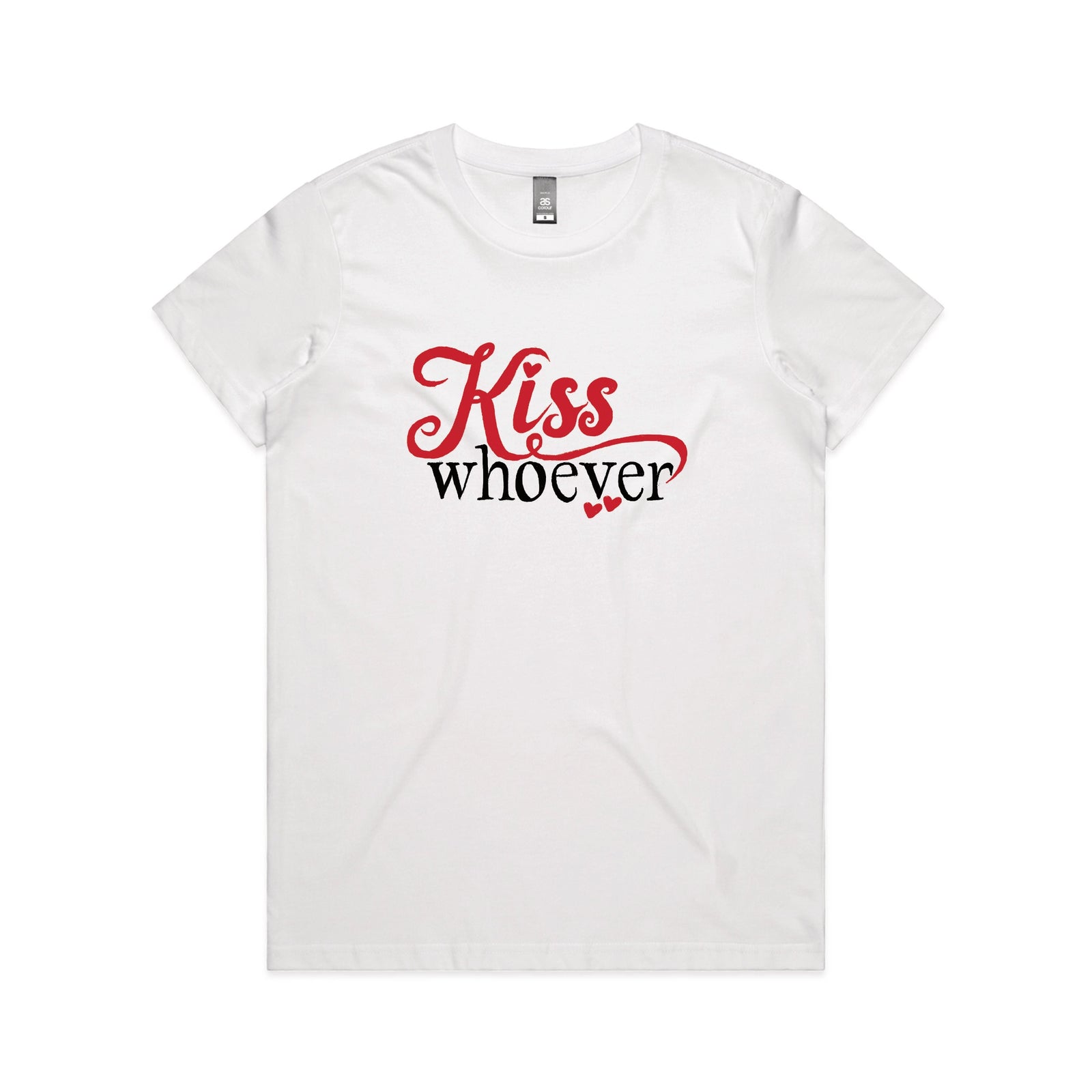 White fitted womens t-shirt with Kiss Whoever graphic by Lonely Kids Club