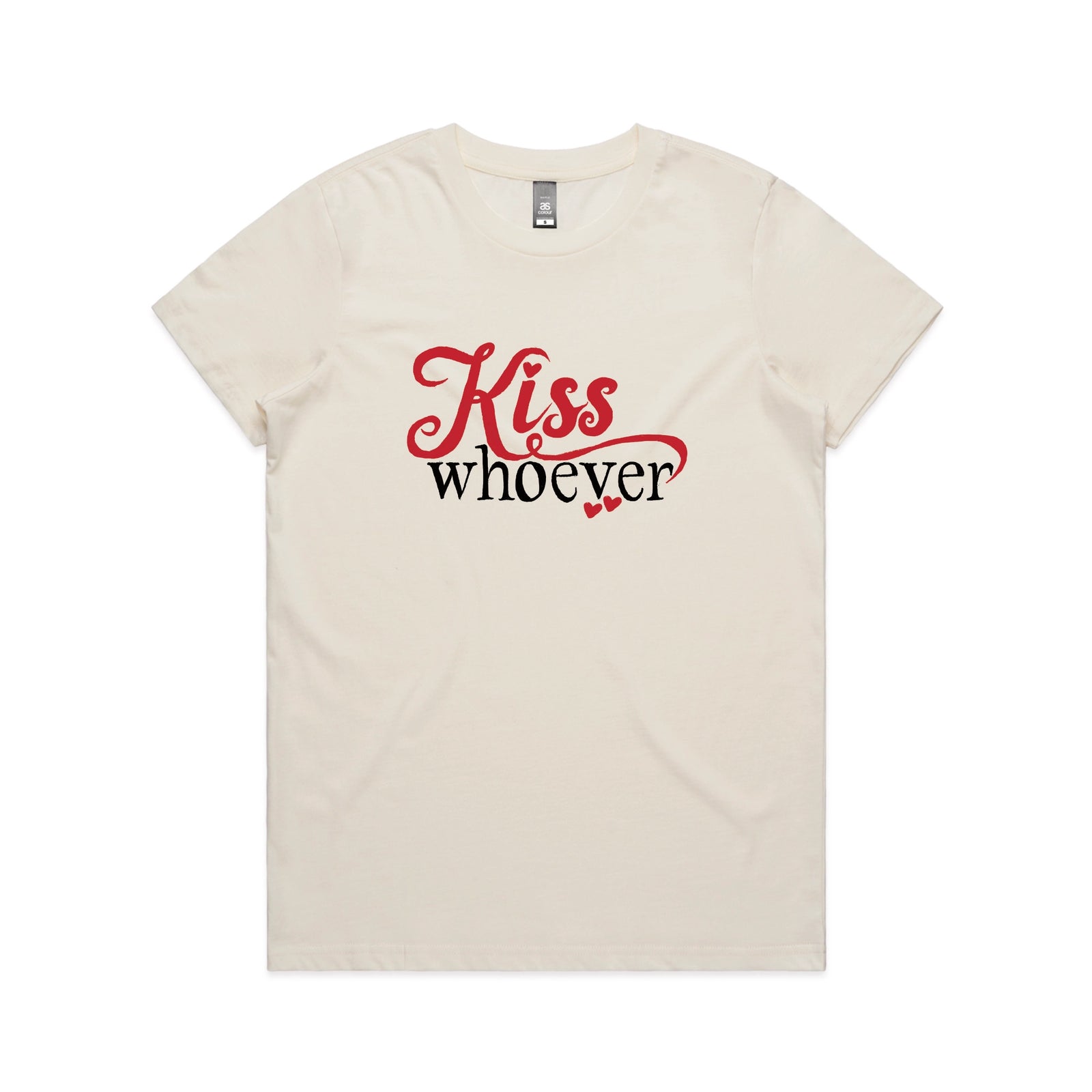 Ecru fitted womens t-shirt with Kiss Whoever graphic by Lonely Kids Club