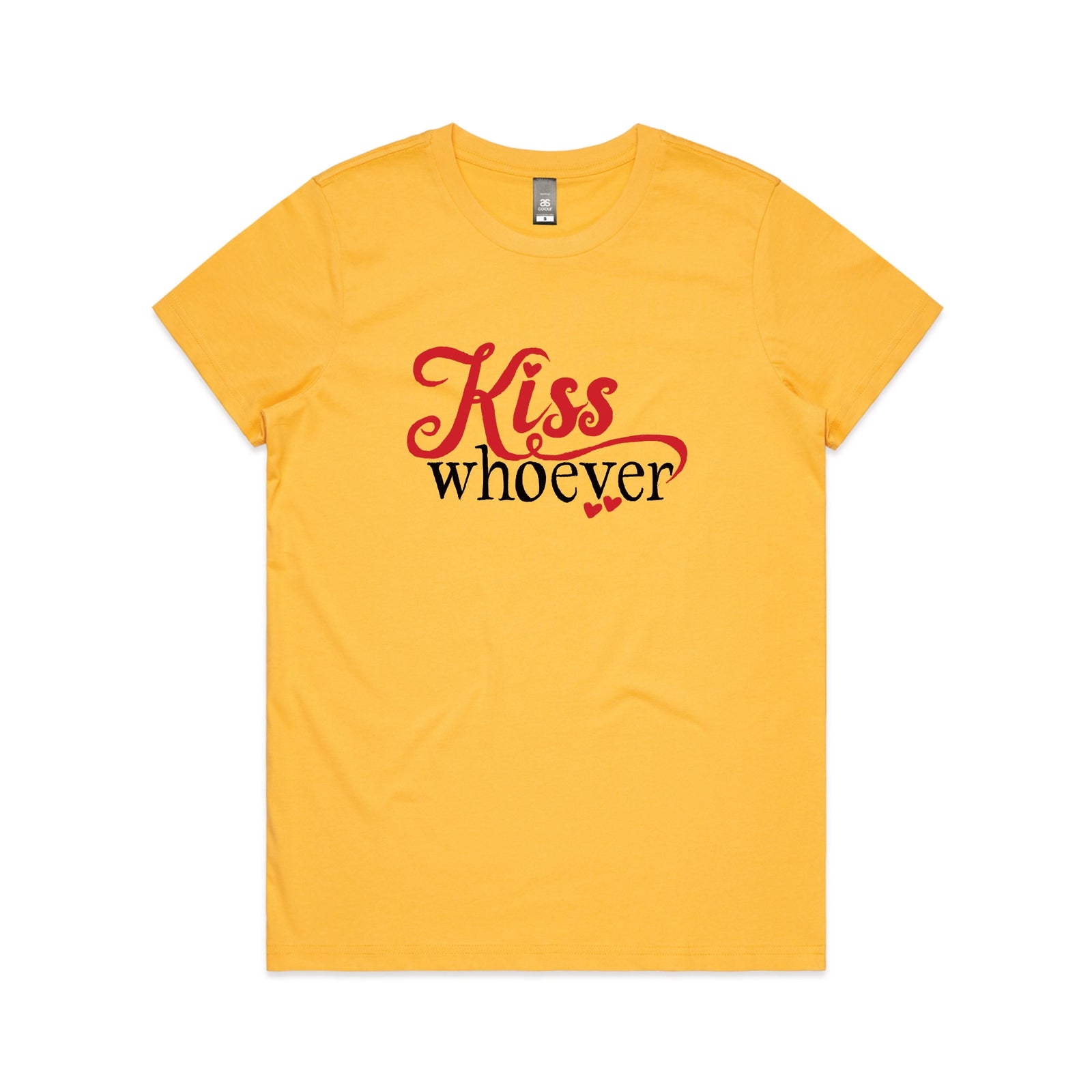 Yellow fitted womens t-shirt with Kiss Whoever graphic by Lonely Kids Club