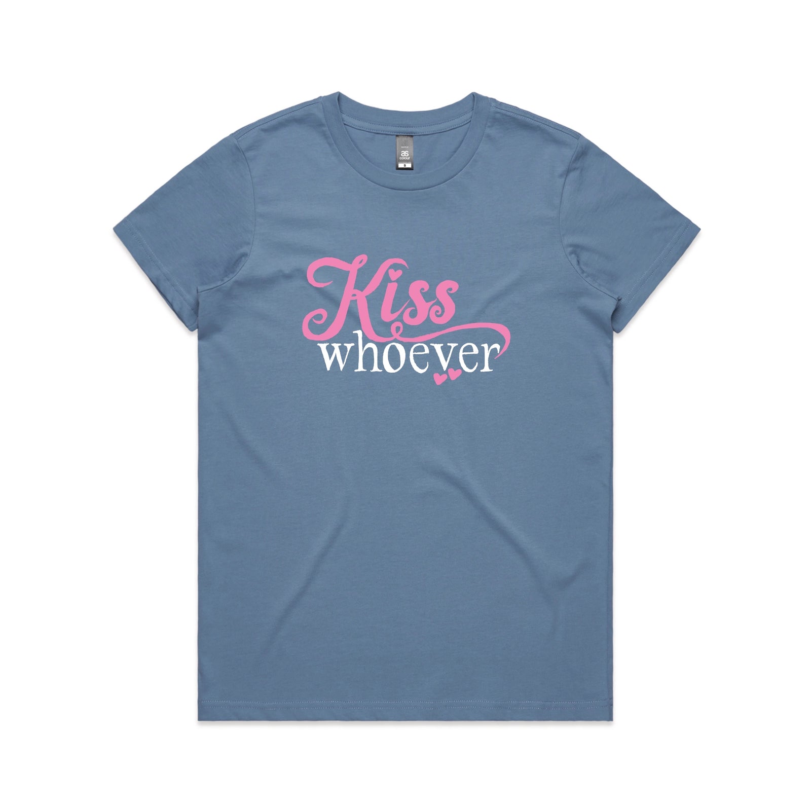 Carolina Blue fitted womens t-shirt with Kiss Whoever graphic by Lonely Kids Club