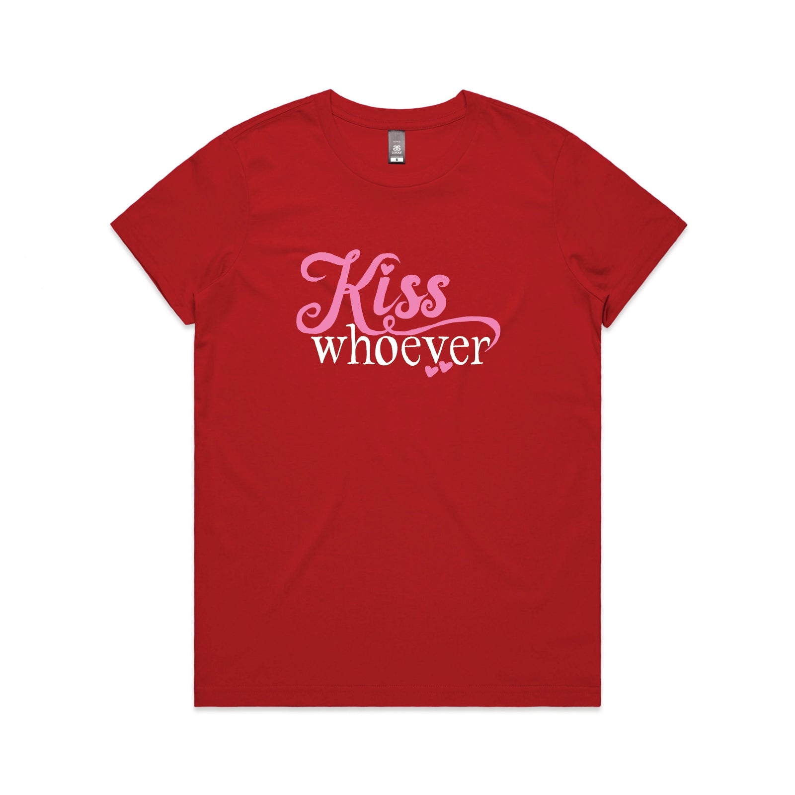 Red fitted womens t-shirt with Kiss Whoever graphic by Lonely Kids Club