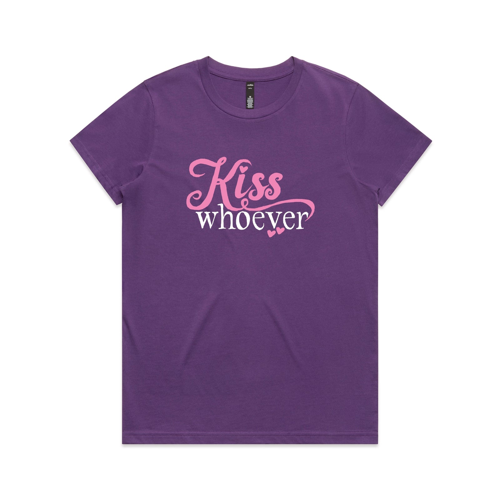 Purple fitted womens t-shirt with Kiss Whoever graphic by Lonely Kids Club