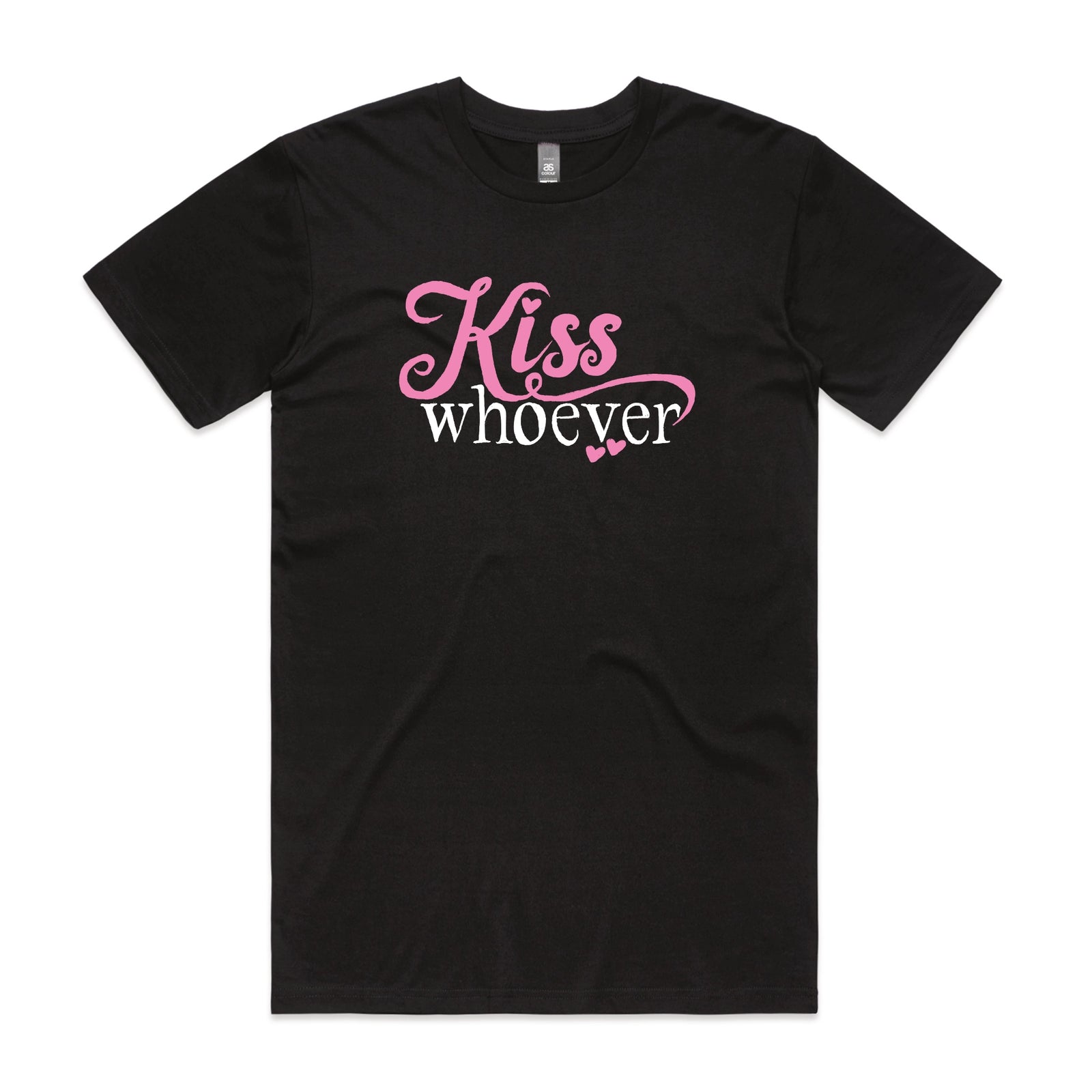 Black unisex t-shirt with Kiss Whoever graphic by Lonely Kids Club