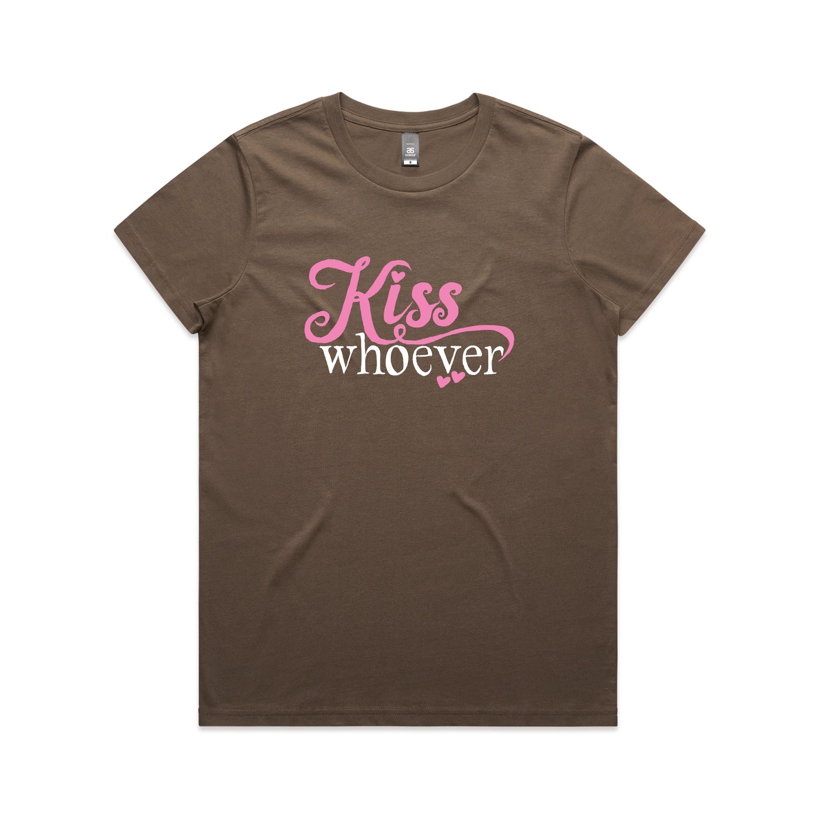 Walnut fitted womens t-shirt with Kiss Whoever graphic by Lonely Kids Club