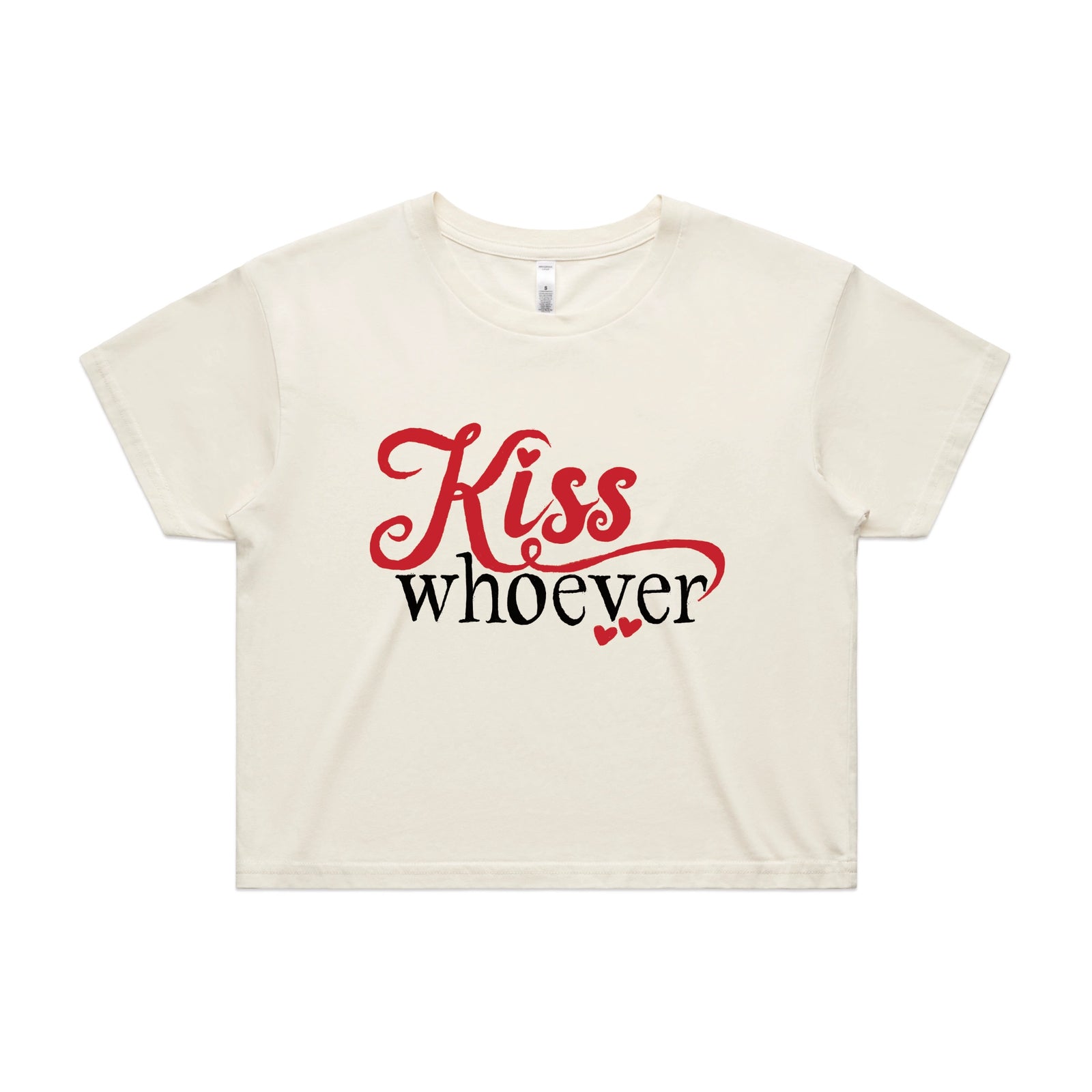 Ecru crop top with Kiss Whoever graphic by Lonely Kids Club