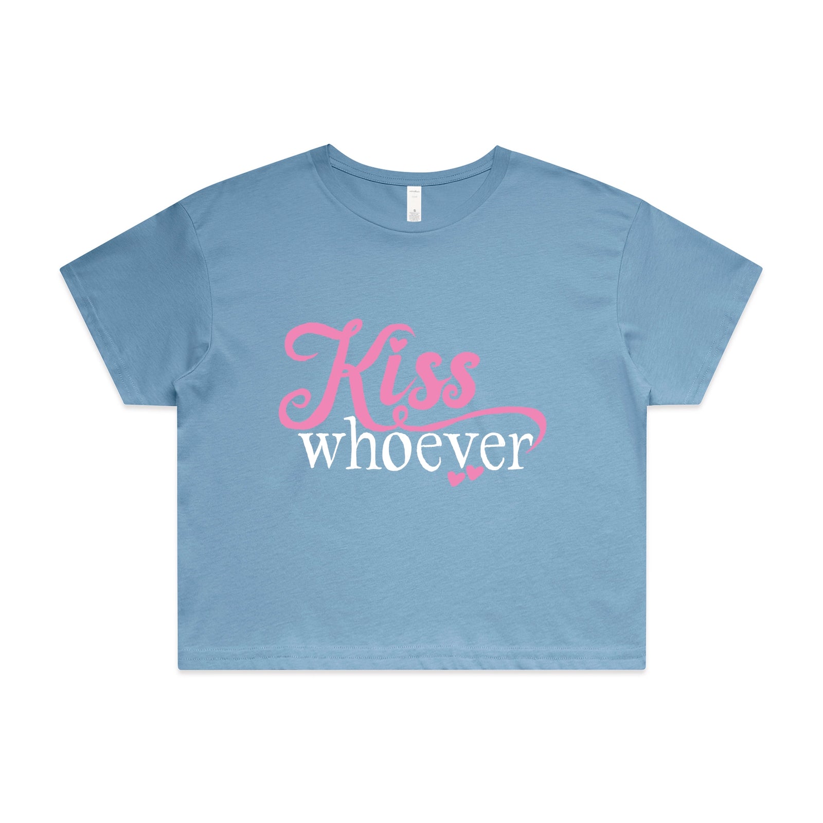 Carolina Blue crop top with Kiss Whoever graphic by Lonely Kids Club