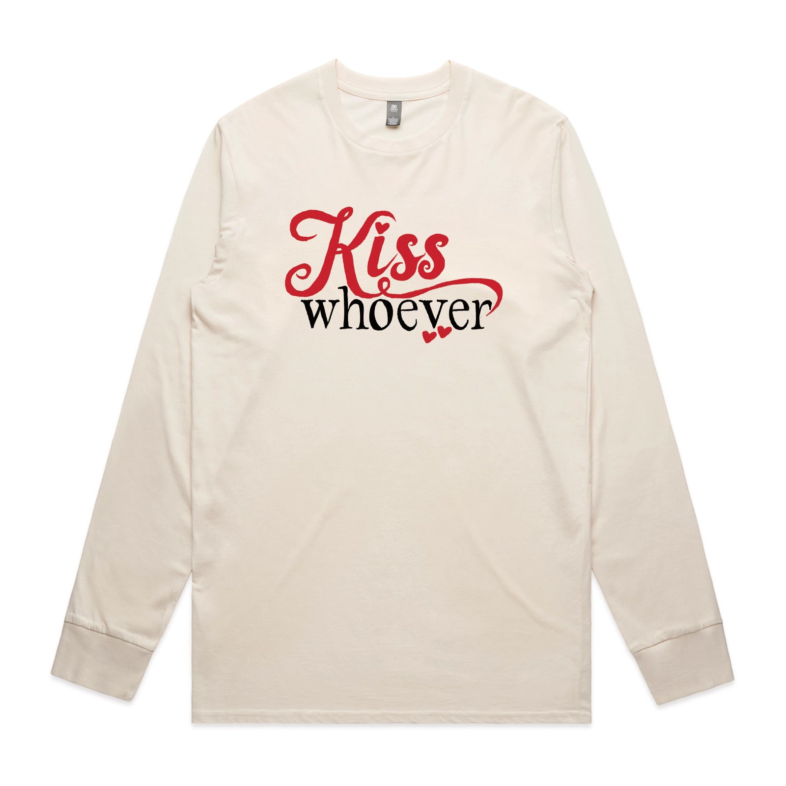 Ecru long sleeve t-shirt with Kiss Whoever graphic by Lonely Kids Club