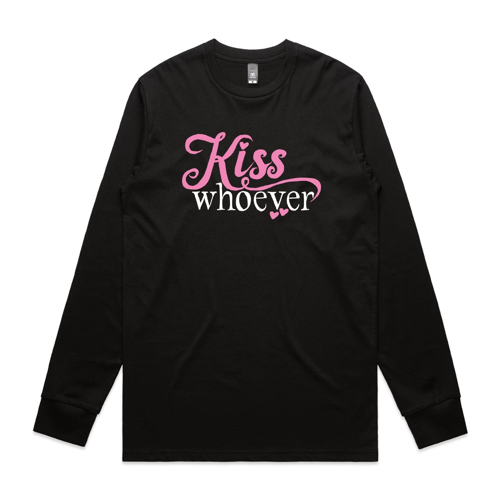 Black long sleeve t-shirt with Kiss Whoever graphic by Lonely Kids Club