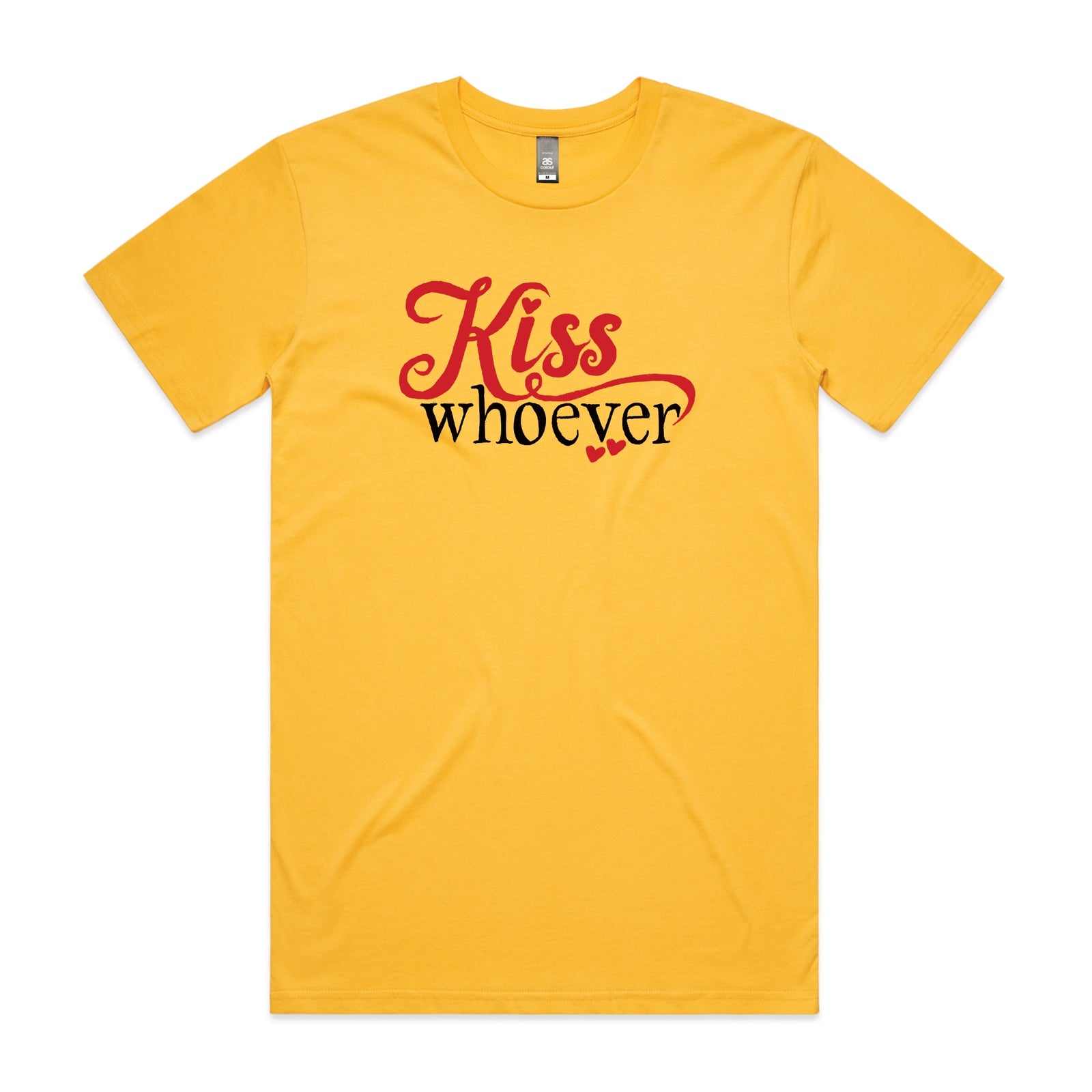 Yellow unisex t-shirt with Kiss Whoever graphic by Lonely Kids Club