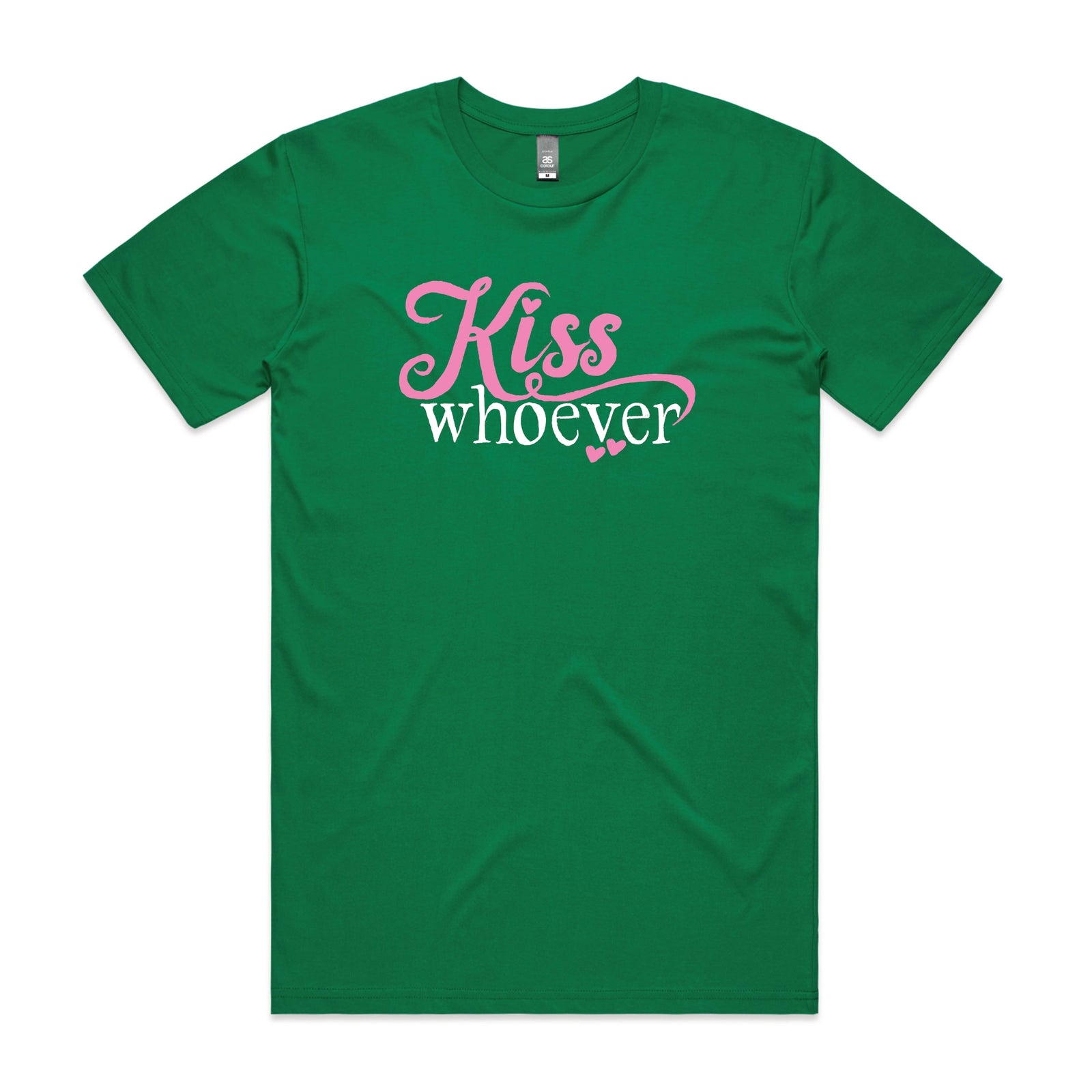 Green unisex t-shirt with Kiss Whoever graphic by Lonely Kids Club