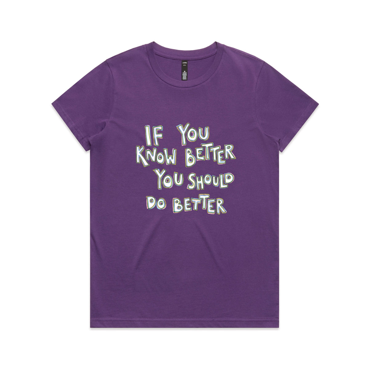 Purple fitted womens t-shirt with If You Know Better graphic by Lonely Kids Club
