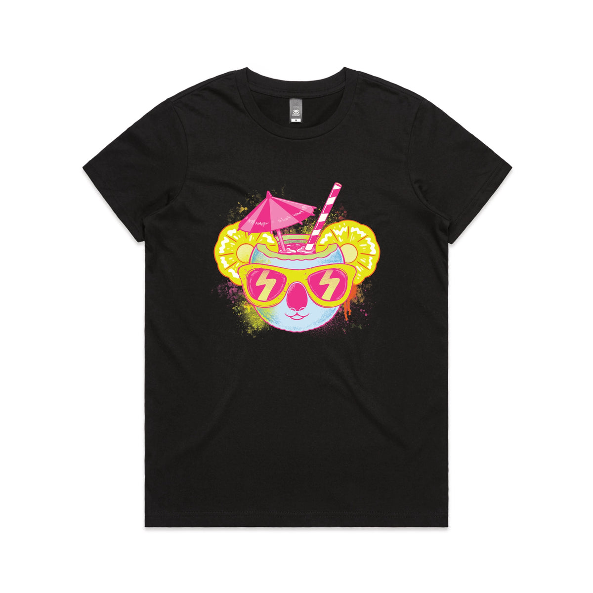 Black fitted womens t-shirt with Piña Koala graphic by Lonely Kids Club