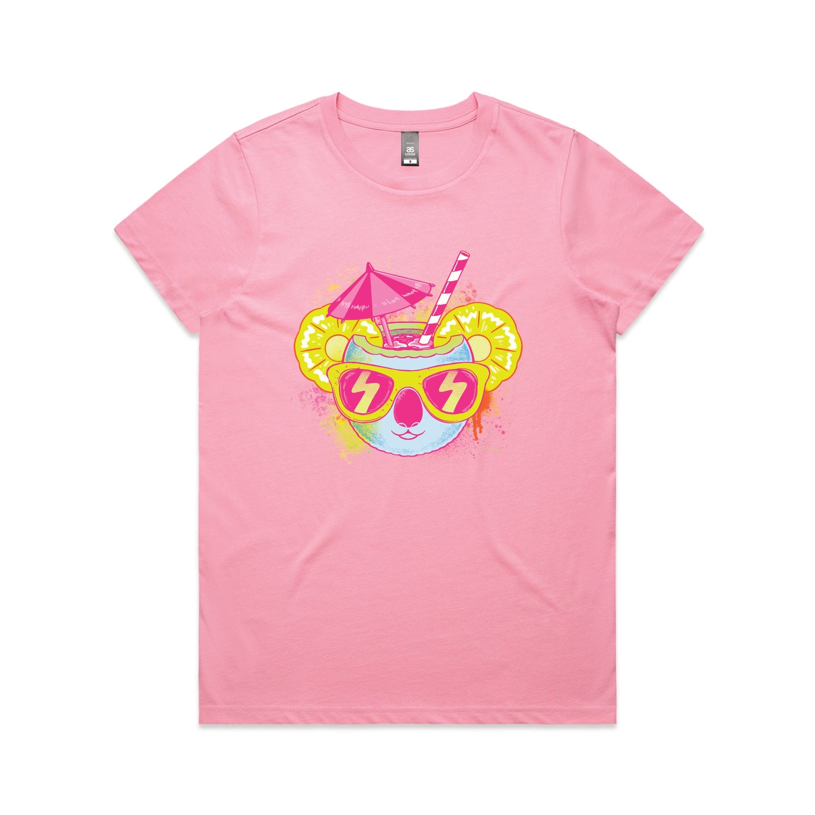 Bubblegum fitted womens t-shirt with Piña Koala graphic by Lonely Kids Club