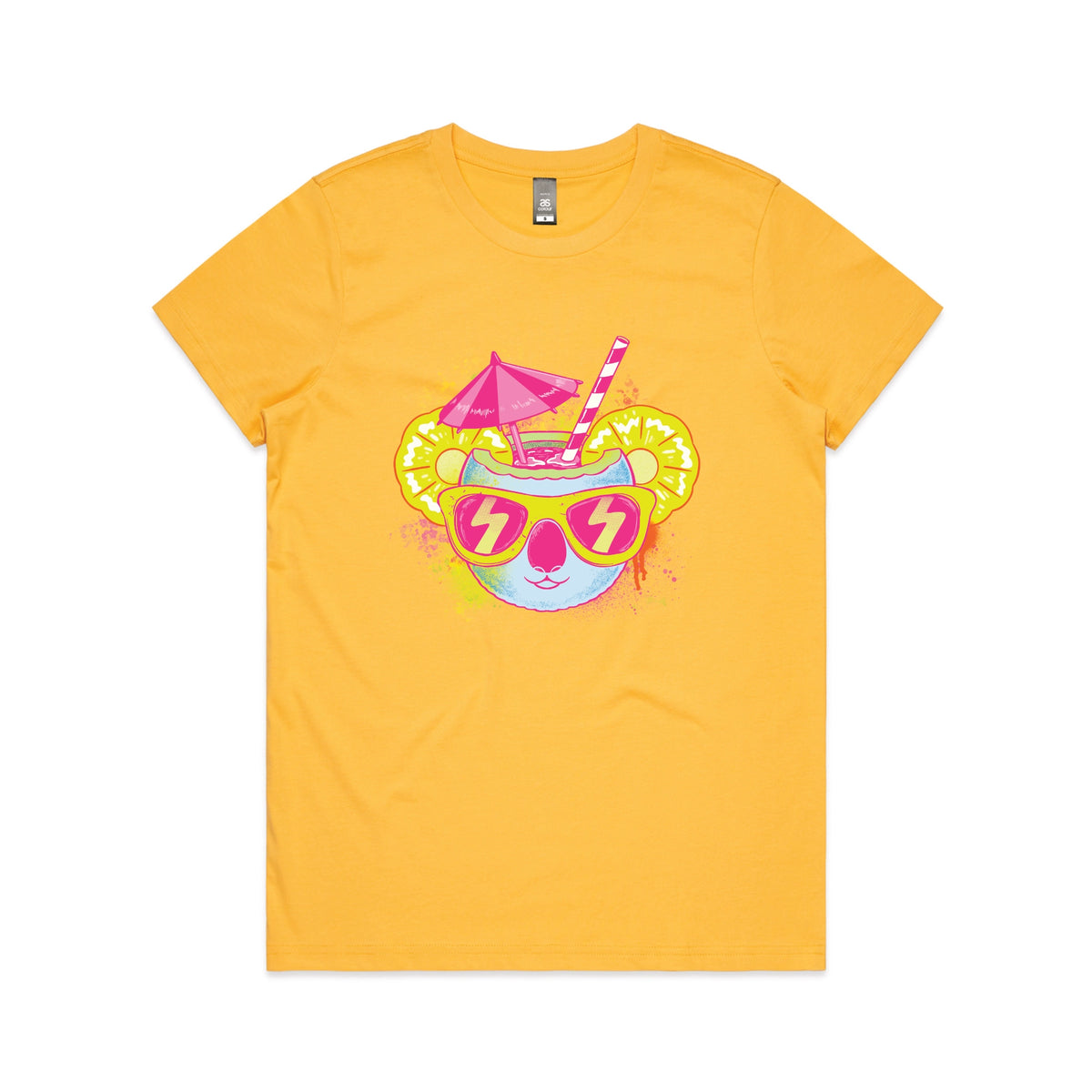Yellow fitted womens t-shirt with Piña Koala graphic by Lonely Kids Club