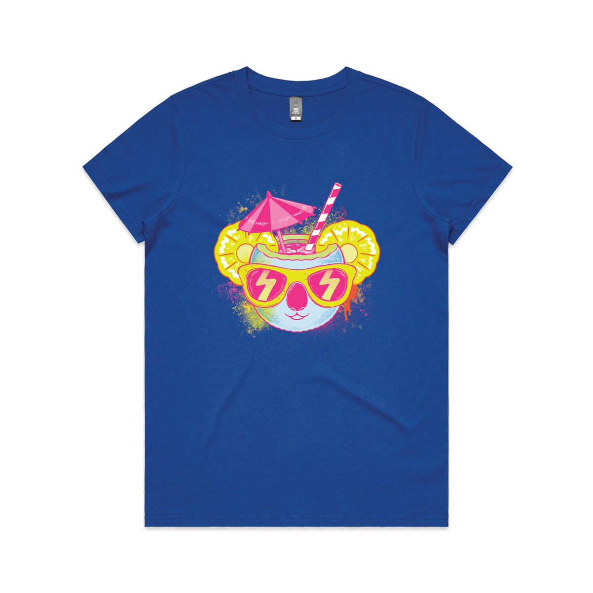 Royal Blue fitted womens t-shirt with Piña Koala graphic by Lonely Kids Club