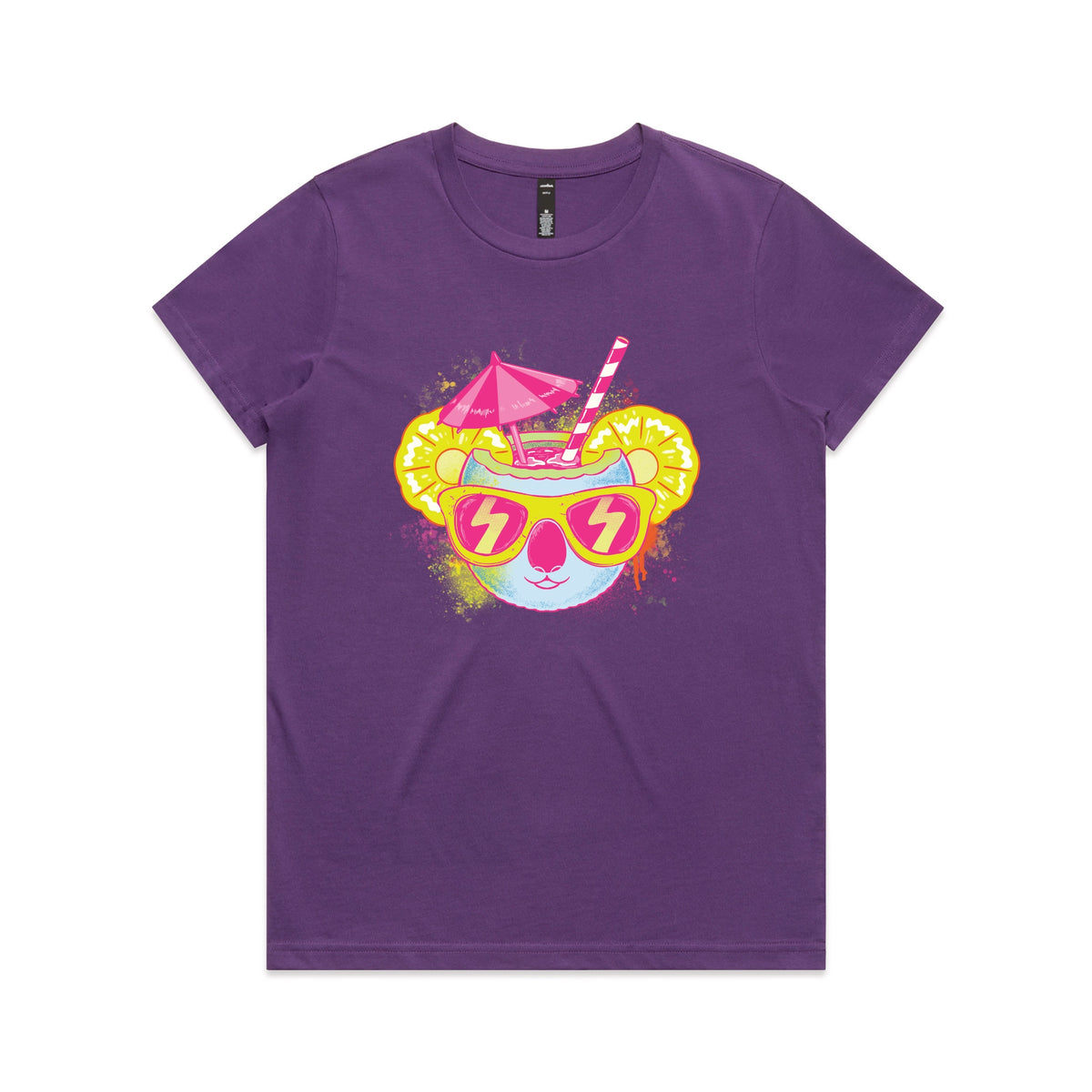 Purple fitted womens t-shirt with Piña Koala graphic by Lonely Kids Club