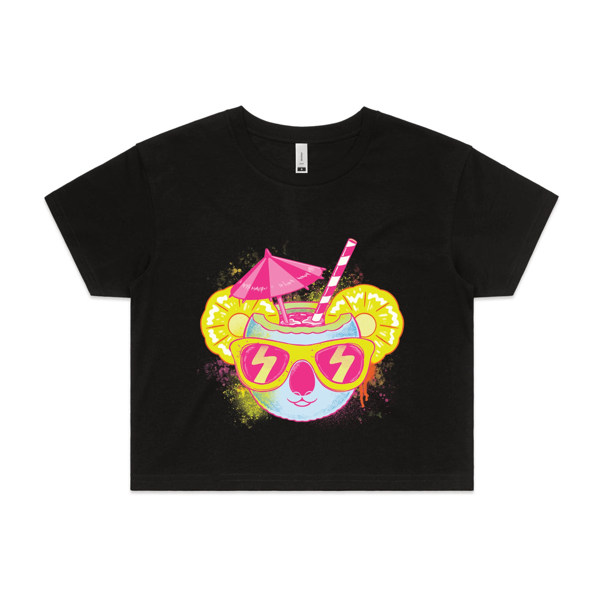 Black crop top with Piña Koala graphic by Lonely Kids Club