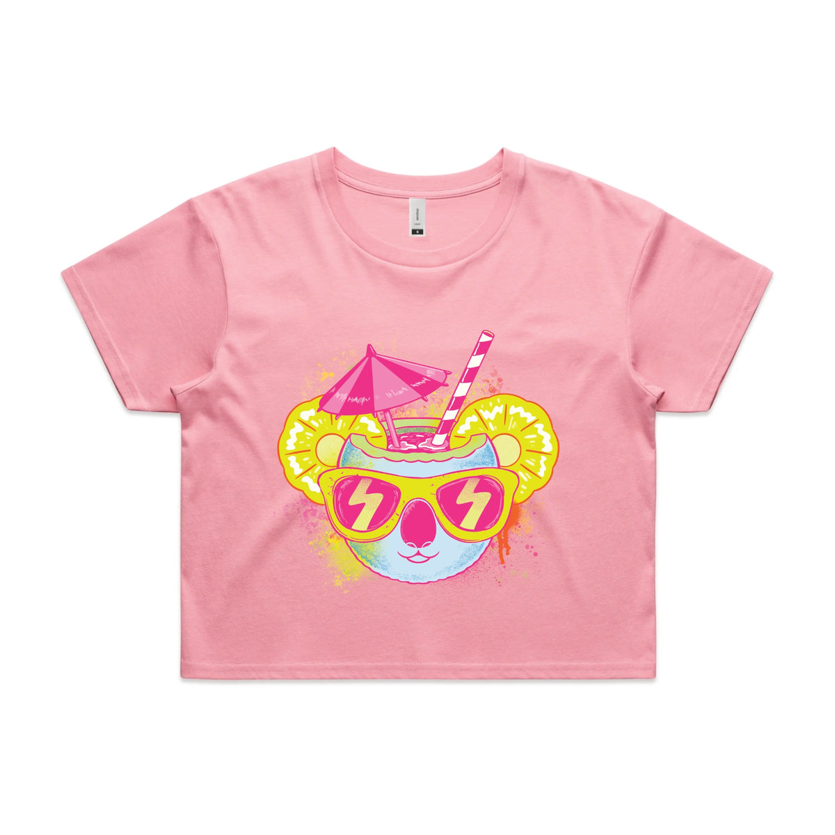 Bubblegum crop top with Piña Koala graphic by Lonely Kids Club