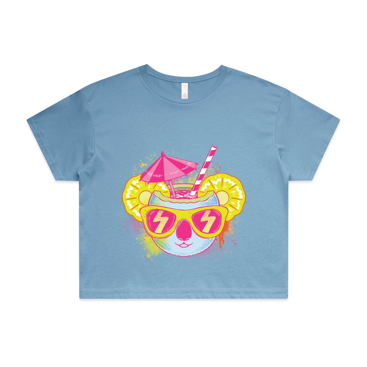Carolina Blue crop top with Piña Koala graphic by Lonely Kids Club