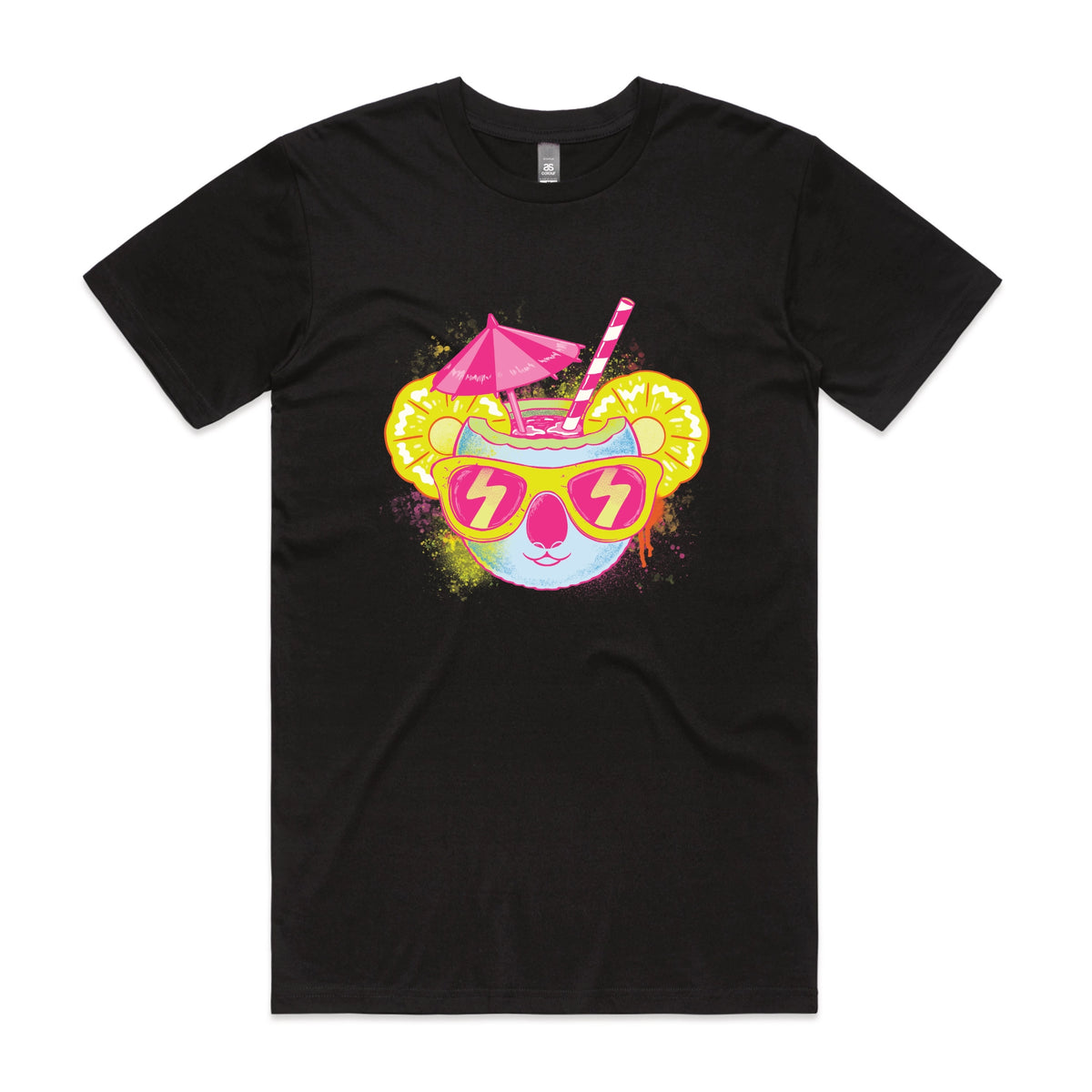 Black unisex t-shirt with Piña Koala graphic by Lonely Kids Club